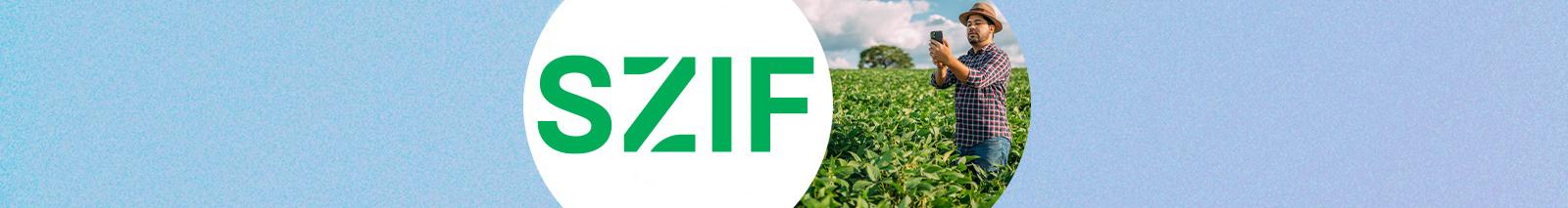 Two overlapping circles on a blue background: one showing SZIF logo, the other showing a man in a field taking a photo