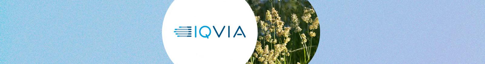 Two overlapping circles on a blue background — one shows the IQVIA logo on a white background, the other shows a close-up of flowering grass or wildflowers in sunlight.