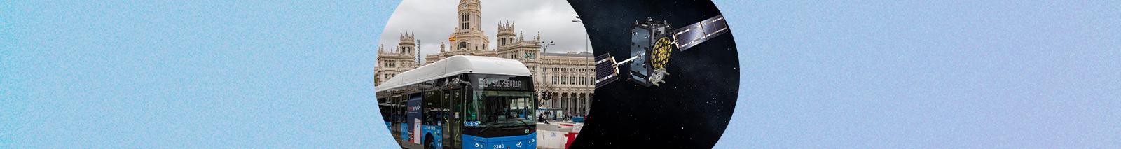 Two overlapping circles on a blue background — one shows a city bus, the other shows the Galileo satellite.